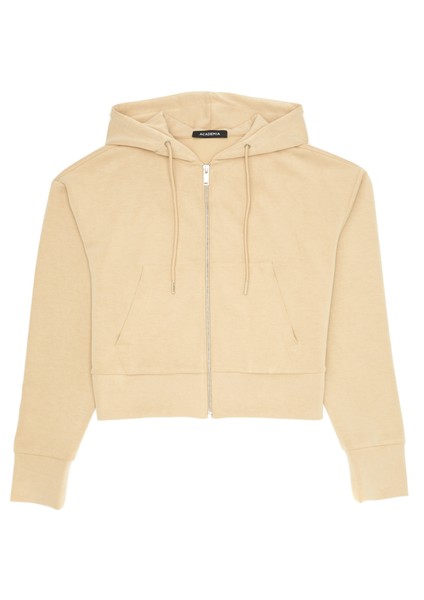 Bej Kapüşonlu Fermuarlı Sweatshirt