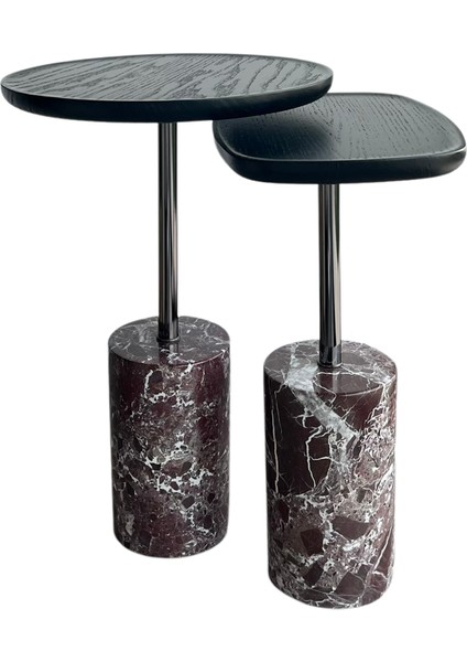 Nest Mermer Ayaklı Siyah Meşe Kaplama 2'li Yan Sehpa Seti