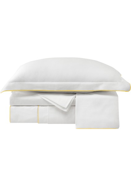 Sarı Biyeli Beyaz Pamuk Saten Çift Kişilik Nevresim Takımı 200X220 cm