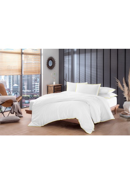 Sarı Biyeli Beyaz Pamuk Saten Çift Kişilik Nevresim Takımı 200X220 cm fiyatları