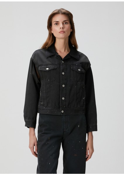 Siyah Kesim Detaylı Denim Ceket