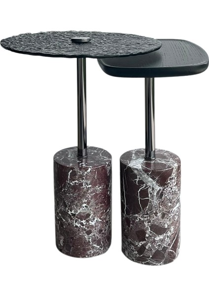 Nest Mermer Ayaklı Siyah Meşe Kaplama 2'li Yan Sehpa Seti