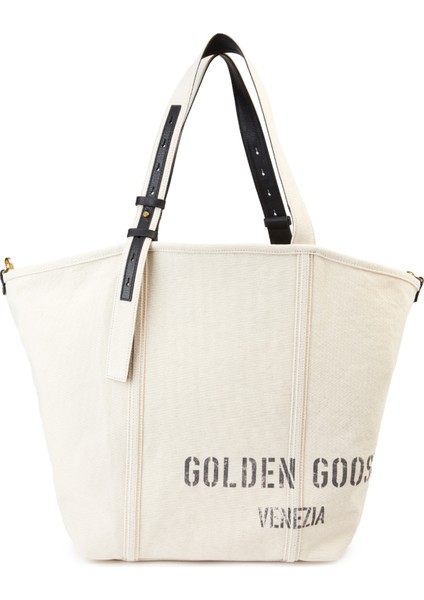 Ekru Logo Baskılı Kadın Alışveriş Çantası