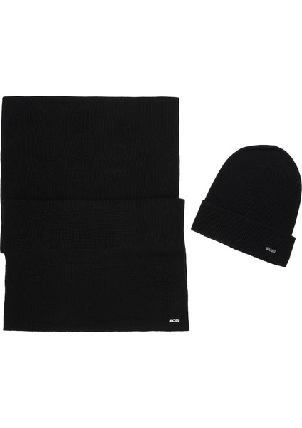 Siyah Logo Detaylı Kadın Yün Atkı Bere Seti