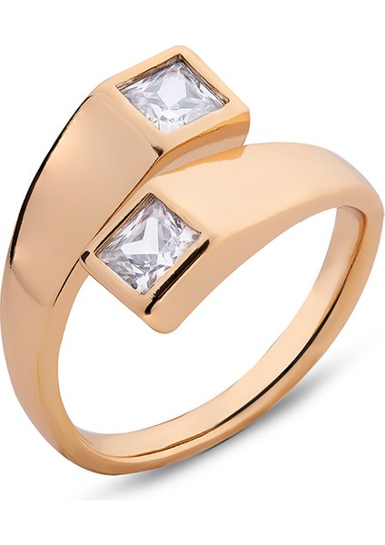 Çift Kare Taşlı Altın Kaplama Kadın Yüzük