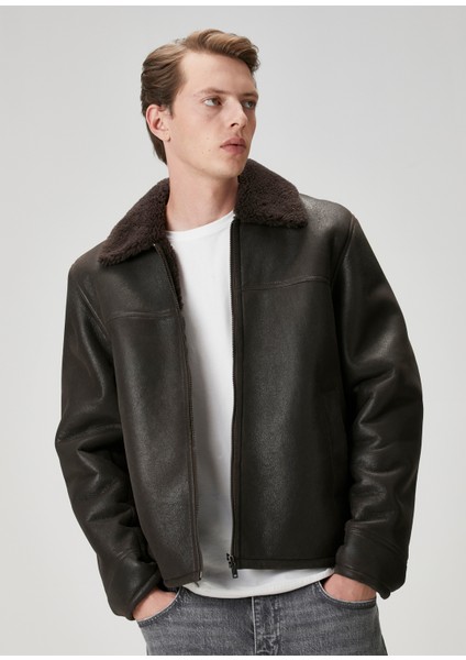 Kahverengi Yakası Shearling Detaylı Deri Mont