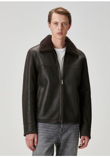 Kahverengi Yakası Shearling Detaylı Deri Mont fiyatları