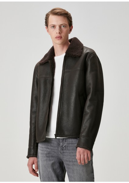 Kahverengi Yakası Shearling Detaylı Deri Mont fırsatları