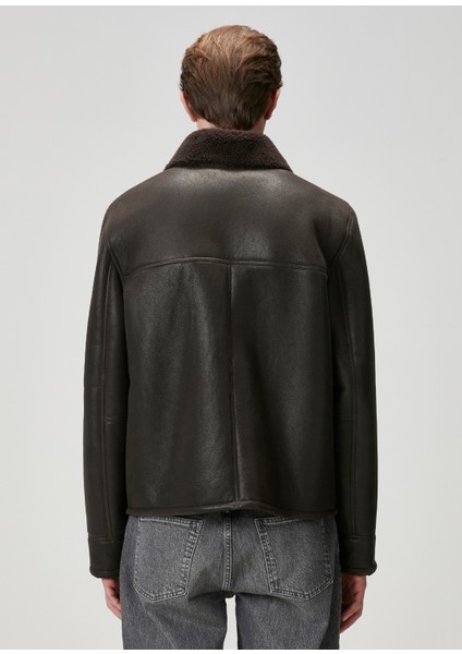 Kahverengi Yakası Shearling Detaylı Deri Mont