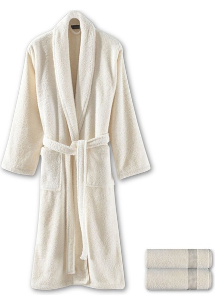 Sicilia Krem Rengi %100 Pamuk 3'lü Havlu Bornoz Seti