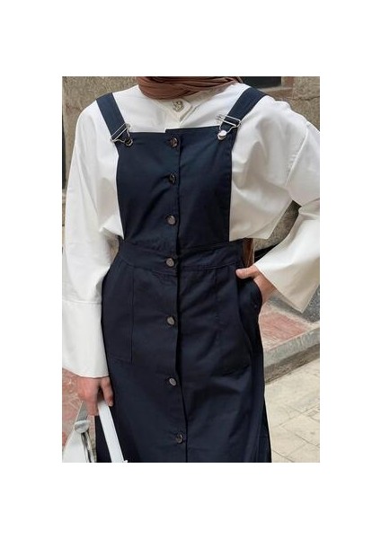 Lacivert Önü Boydan Düğmeli Salopet Pamuk Polyester Uzun Tasarım Kadın Giyim