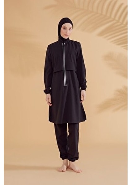 Paraşüt Siyah Tam Kapalı Tesettür Mayo Su İtici Özellikli 4 Parça Kadın