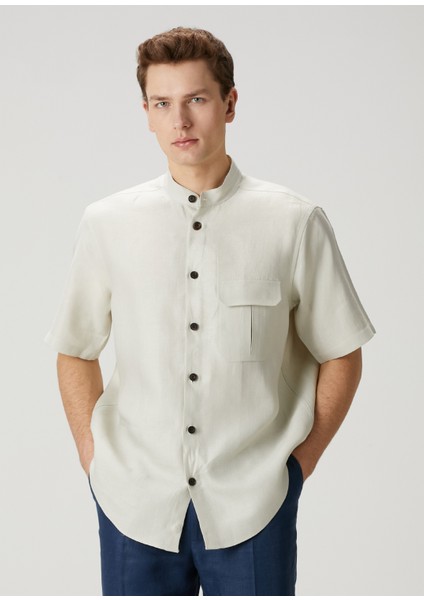 Beyaz Kısa Kollu Keten Gömlek