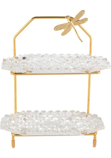 Altın Rengi Cam 2 Katlı Servislik 22 x 11 cm