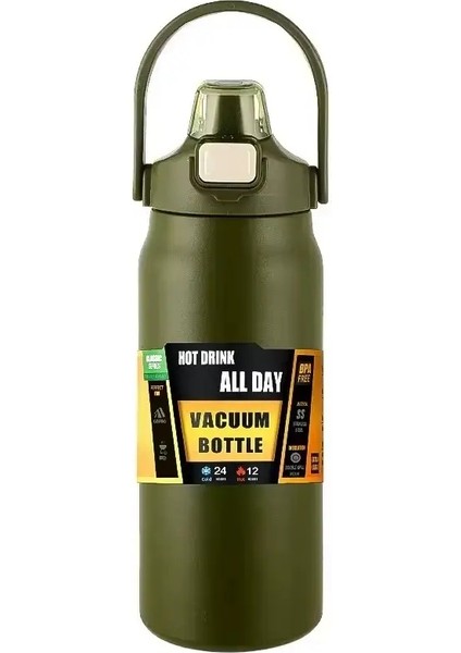 304 Paslanmaz Çelik Termal Kupa Dış Mekan Termos Taşınabilir Tumbler Vakum Şişeleri Soğuk ve Sıcak Spor Su Şişesi Saman Kapasitesi: 1200ML/RENK: Yeşil (Yurt Dışından)