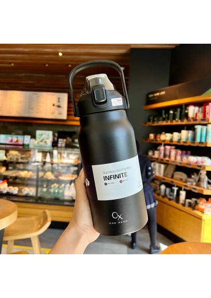 Tumbler Termo Şişesi Saman Paslanmaz Çelik Termal Su Şişesi ile Büyük Kapasite Soğuk ve Sıcak Termos Kupası Vakum Flask Flask Salonu Kapasite: 1300ML/RENK: Siyah (Yurt Dışından)
