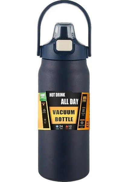 Dış Mekan Termos Taşınabilir 304 Paslanmaz Çelik Termal Kupa Tumbler Vakum Şişeler Soğuk ve Sıcak Spor Su Şişesi Saman Kapasitesi: 800ML/RENK: Koyu Mavi (Yurt Dışından)