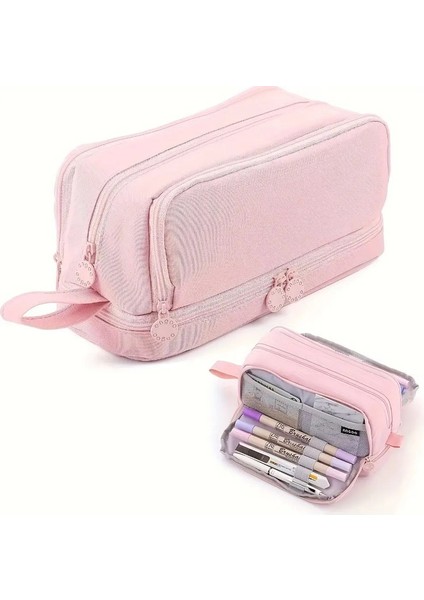 3/4 Bölme Kalem Kutusu Çok Katmanlı Büyük Kapasiteli Okul Öğrenci Kalem Kılıfları Şeffaf Bölme Kalem Bölücü Kalem Çantası Renk: Pembe-1 (Yurt Dışından)