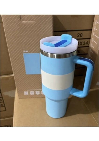 Termos Yalıtımlı Kapak ve Samanlı Kahve Milkshake Seyahat Kupası 2.0h 40OZ Kapasite: 40OZ/RENK: Gökyüzü Mavisi (Yurt Dışından)