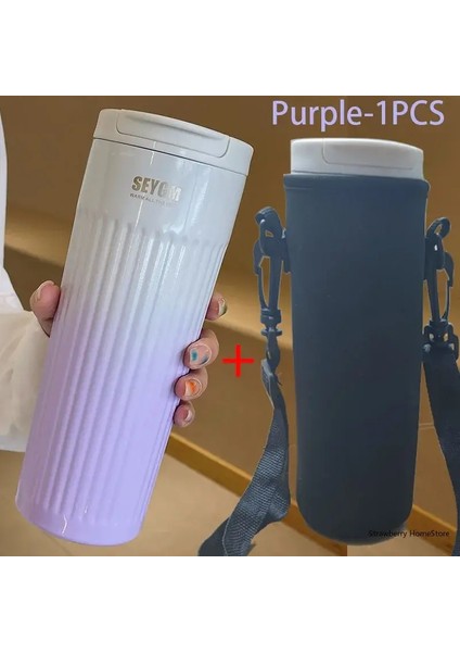 500ML Paslanmaz Çelik Kahve Termal Kupa Seyahat Termos Kupa Soğuk ve Sıcak Kahve Yalıtılmış Kupa Ofis Su Şişesi Vakum Şişesi Kapasite: 500ML/RENK: Kupa Çantalı Mor (Yurt Dışından)