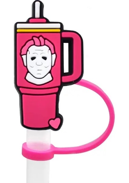 Pembe Cadılar Bayramı Film Karikatür Silikon Saman Topper, Cam Kupa Için Saman Kapakları, Tut Saplı Toz Duruşlu Yeniden Kullanılabilir Renkli 3040OZ Tumbler: 1 Pcs-04 (Yurt Dışından)