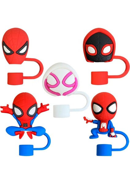 Miniso 1-5pcs 3D Stereo Örümcek Adam Saman Kapak Kapağı 10MM Içecek Saman Tapası Yeniden Kullanılabilir Fit Kupa Aksesuarları Saman Kapağı Takılar Kolye Renk: 5 Pcs (Yurt Dışından)