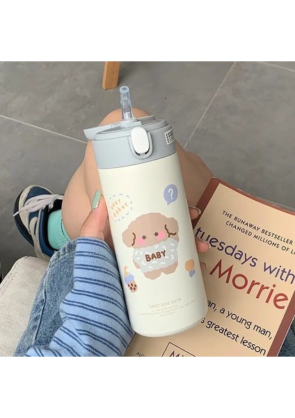 380ML Paslanmaz Çelik Termos Vakum Şişesi Sevimli Karikatür Termal Su Şişesi Kızlar Için Yalıtımlı Saman Kurı Tumbler Içki Içeri Kapasitesi: 380ML/RENK: Beyaz (Yurt Dışından)