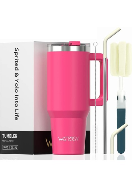 591ML Paslanmaz Çelik Yalıtımlı Kupa Sap ve Samanlı 20OZ Tumbler Soğuk ve Sıcak Termal Kupa Taşınabilir Araç Seyahat Kupa Kapasite: 591ML/RENK: Gül Kırmızısı (Yurt Dışından)