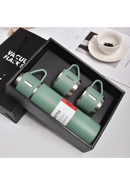 Bir Fincan Üç Kapak Termos Fincan Seti 304 Paslanmaz Çelik Kolu Kapak Hediye Kupası Erkek ve Kadın Taşınabilir Hediye Kutusu Set Kapasitesi: 500ML/RENK: Yeşil Set (Yurt Dışından)