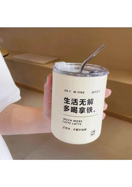 Termos Kupası Taşınabilir 304 Paslanmaz Çelik Kahve Kupası Saman Yalıtılmış Şişe Içki Termal Sızıntılı Su Şişesi: Kapalı Beyaz 600ML (Yurt Dışından)