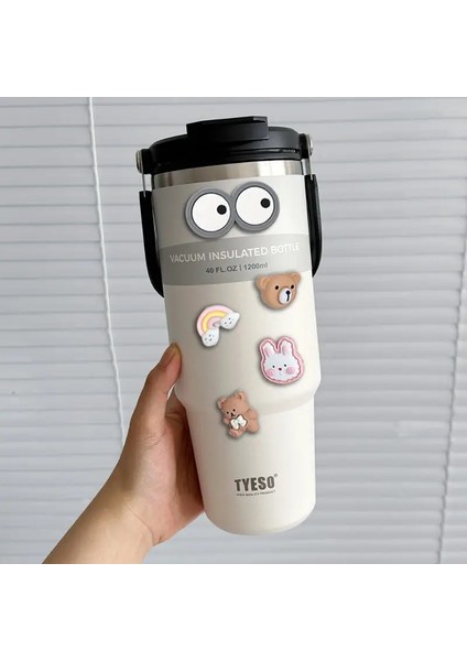 Tyeso 600/750/900/1050/1200ML Araç Su Şişesi Paslanmaz Çelik Termos Şişe Soğuk ve Isı Termal Kahve Mugcapacity: 600ML/RENK: Sticker ile Beyaz (Yurt Dışından)