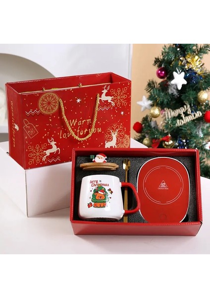 Sevgililer Günü Hediye Seti 55 ℃ Termostat Kupa Kupa Seramik Kupası Ofis Veya Ev Için Kaşık Kahve Kupası ile Kapalı Seramik Kupa Taşınabilir Mea Kapasitesi: 301-400ML/RENK: Ren Geyiği (Yurt Dışından)