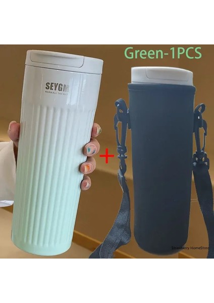 500ML Paslanmaz Çelik Kahve Termal Kupa Seyahat Termos Kupa Soğuk ve Sıcak Kahve Yalıtılmış Kupa Ofis Su Şişesi Vakum Şişesi Kapasite: 500ML/RENK: Kupa Çantalı Yeşil (Yurt Dışından)