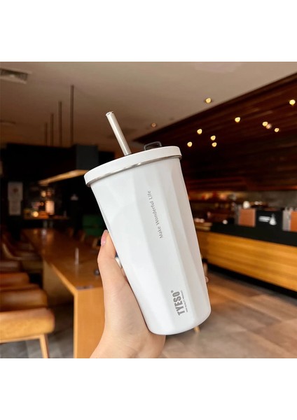 Tyeso 600ML Taşınabilir Vakum Yalıtımlı Kur Paslanmaz Çelik Kahve Kupası Buz Çubuğu Termal Araba Sippi Büyük Kapasite Saman Su Kupası Kapasite: 600ML/RENK: Beyaz (Yurt Dışından)