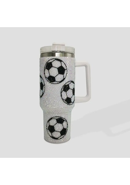 40 Oz Kakma Beyzbol Araba Fincanı Büyük Kapasiteli Tutamaklı Paslanmaz Çelik Yalıtım Kabı Bling Termos Kahve Şişesi Kapasite: 1.1-2l/renk: Beyaz Futbol (Yurt Dışından)
