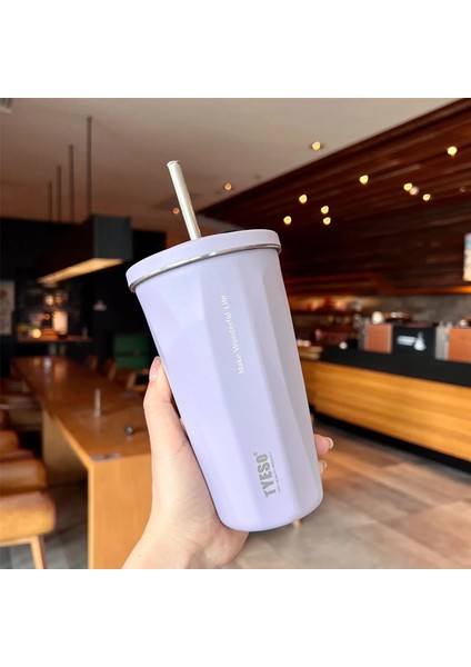 Tyeso 600ML Taşınabilir Vakum Yalıtımlı Kur Paslanmaz Çelik Kahve Kupası Buz Çubuğu Termal Araba Sippi Büyük Kapasite Saman Su Kupası Kapasite: 600ML/RENK: Mor (Yurt Dışından)