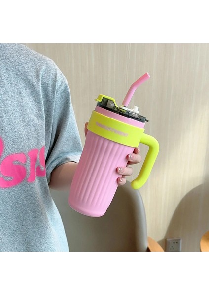 860ML Paslanmaz Çelik Termo Kupa Samanlı Büyük Kapasiteli Kahve Kupası Soğuk ve Isı Termal Kupa Açık Hava Spor Vakum Şişesi Kapasite: 860ML/RENK: Pembe (Yurt Dışından)