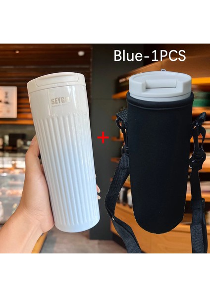 500ML Paslanmaz Çelik Termos Şişe Taşınabilir Tumbler Vakum Şişeler Kupa Kupa Soğuk ve Sıcak Termal Kupa Yalıtımlı Kupa Kapasite: 500ML/RENK: Kupa Çantalı Mavi (Yurt Dışından)