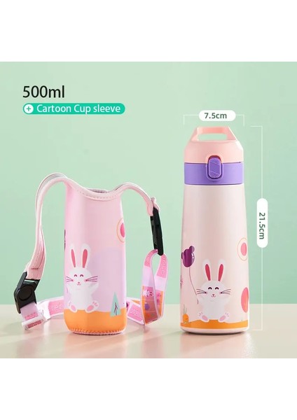 Gianxi Kids Paslanmaz Çelik Saman Termos Kupa Kılıf Karikatür Sızdıran Sızdıran Vakum Şişesi Çocuklar Termal Su Şişesi Termokup Kapasitesi: 500ML/RENK: Tavşan Seti (Yurt Dışından)