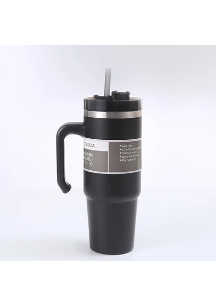 20 Oz/30 Oz Paslanmaz Çelik Araba Termos Şişe Seyahat Spor Su Şişesi Kollu Saman Kupa Açık Kahve Fincanı ile Büyük Kapasite: 600ML/RENK: Siyah (Yurt Dışından)