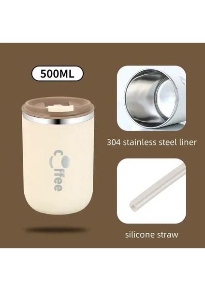 Paslanmaz Çelik Yalıtımlı Kahve Termos Kupa Sızdırmaz Çift Duvar Vakum Seyahat Kupa Tumbler Cup, Ev Kapasitesi Için Flip Kapak Samanı: 500ML/RENK: Kremsi-Beyaz (Yurt Dışından)