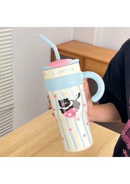 700ML/1.2L Saplı Kapak Saman Sevimli Kedi Termos Fincan Paslanmaz Çelik Su Şişesi Açık Seyahat Arabası Kahve Kupa Hediye Kapasitesi: 1-1.5l/renk: Mavi (Yurt Dışından)