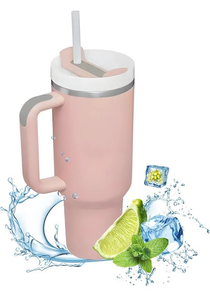 Hanlde ile Yalıtılmış Tumbler 1200ML Metal Paslanmaz Çelik Vakum Taşınabilir Saman Sıcak Kahve Sıcak ve Soğuk Kahve Kapasitesi Için Büyük Termal Kupa: 1000-1500ML/RENK: Açık Pembe (Yurt Dışından)