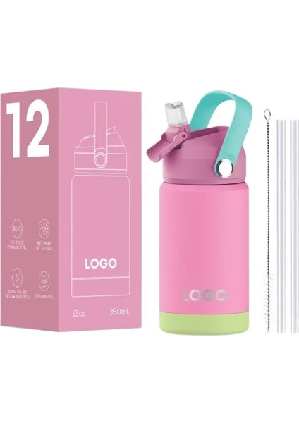 Çocuk Moda Macaron Su Kupası Termos Kupası Tutlu Taşınabilir Anti-Drop Silikon Kapak Su Kupası Kapasite: 360ML/RENK: Pembe (Yurt Dışından)