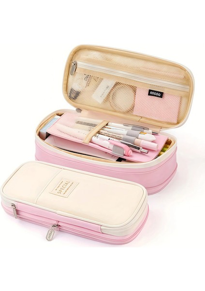 Yaratıcı Basit Kalem Poşeti Büyük Kapasiteli Çift Katmanlı Kalem Kasası Güvenli ve Dalı Su Geçirmez Malzeme Okul Ofis Malzemeleri Renk: Soluk Pembe (Yurt Dışından)