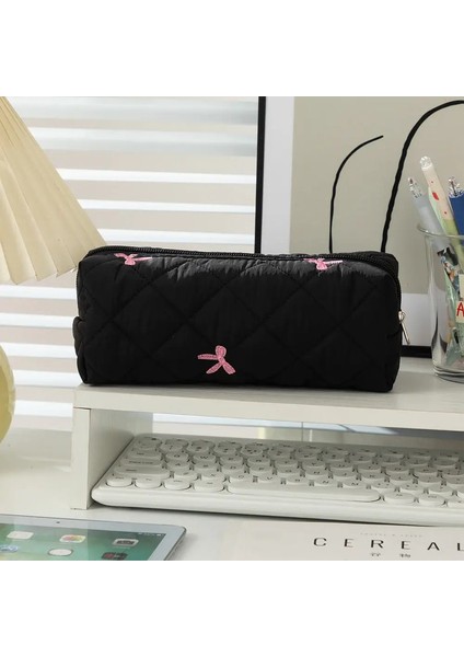 1pc Basit Bowknot Büyük Kapasiteli Kalem Çantası Taze Kapitone Kızlar Makyaj Poşeti Kalemi Casecolor Için Sabit Depo Çantaları: B-Black (Yurt Dışından)