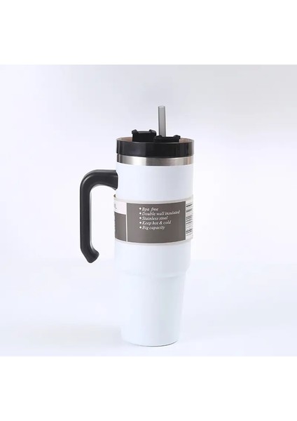20 Oz/30 Oz Paslanmaz Çelik Araba Termos Şişe Seyahat Spor Su Şişesi Kollu Saman Kupa Açık Kahve Fincanı ile Büyük Kapasite: 600ML/RENK: Beyaz (Yurt Dışından)