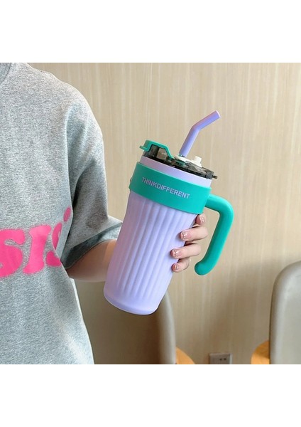 860ML Paslanmaz Çelik Termo Kupa Samanlı Büyük Kapasiteli Kahve Kupası Soğuk ve Isı Termal Kupa Açık Hava Spor Vakum Şişesi Kapasite: 860ML/RENK: Mor (Yurt Dışından)