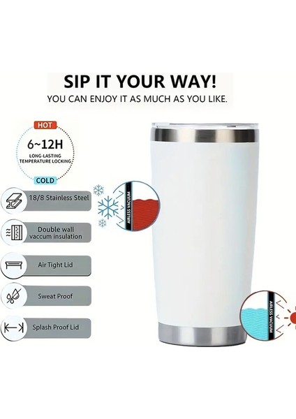 20OZ Lid Paslanmaz Çelik Izli Yalıtımlı Çift Duvar Seyahat Kupası Protable Soğuk ve Sıcak Kahve Araba Kupa Renk: Beyaz (Yurt Dışından)