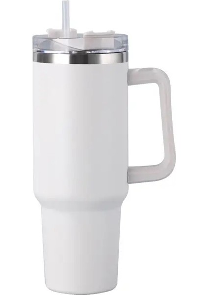 40 Oz Paslanmaz Çelik Yalıtımlı Su Şişesi Saplı Içme Dakları, Yaz Için Kapak Saman Kupası ile Soğuk Dak Tutar Dış Mekan Örgüsü: 1200ML/RENK: Beyaz (Yurt Dışından)